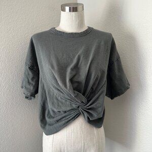 Free People Beach Crop Shirt Pullover Front Twist Raw Edge Cotton Gray M